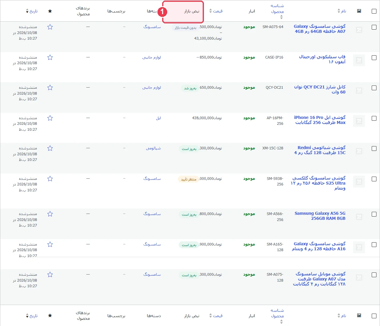 ستون نبض بازار در فهرست محصولات ووکامرس